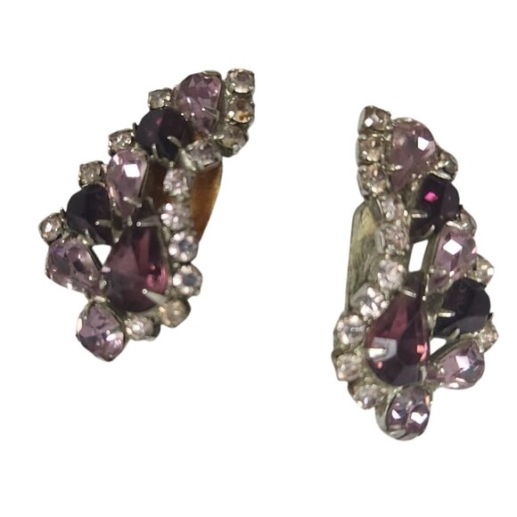 Art Deco Amethyst Rhinestone Brooch Pin & Clip On Earrings Round Domed Design - Picture 2 of 9